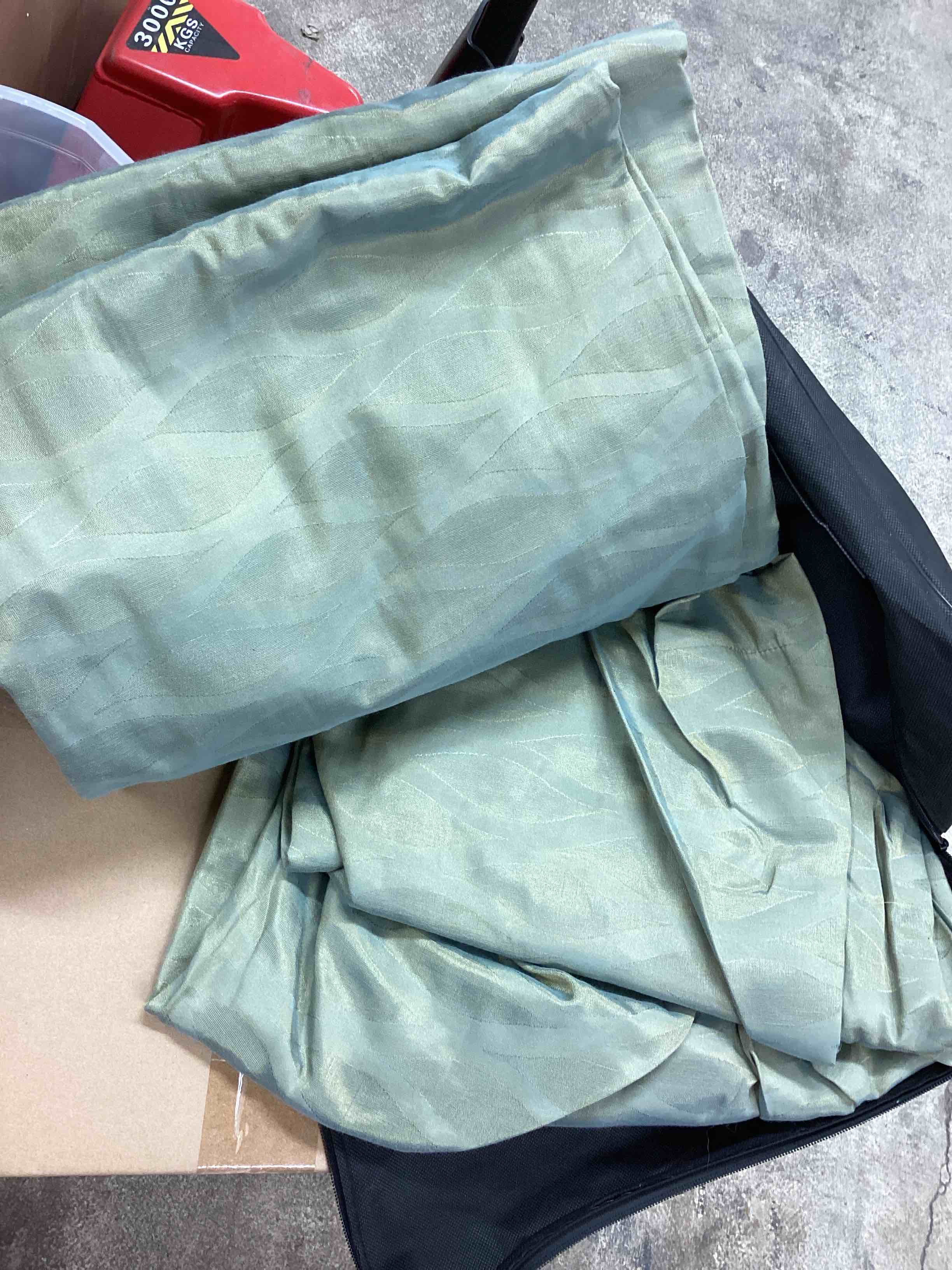 Condition photo showing As Is for hemlock polyester curtain by the tailor's bed (don’t specific size) 