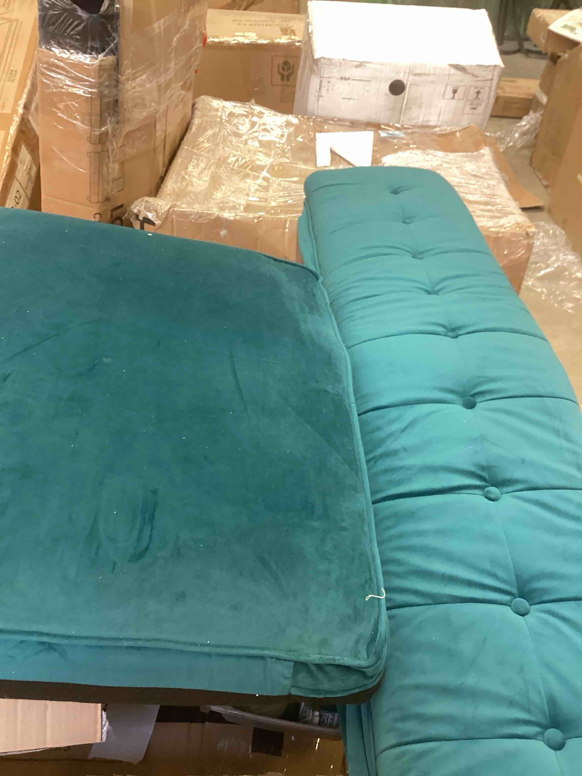 Condition photo showing As Is for dreamsir 78'' w velvet sofa, mid-century love seats sofa furniture with bolster pillows, button tufted couch for living room (sofa, teal) incomplete 