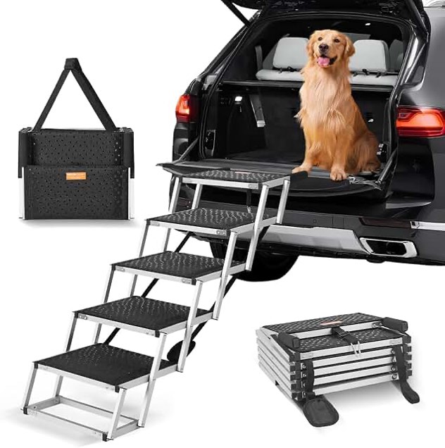 vevor dog stair for cars, wide 5-step dog car steps, folding dog car ramp with nonslip surface, portable pet steps lightweight aluminum for car, suv and truck, supports up to 150 lbs