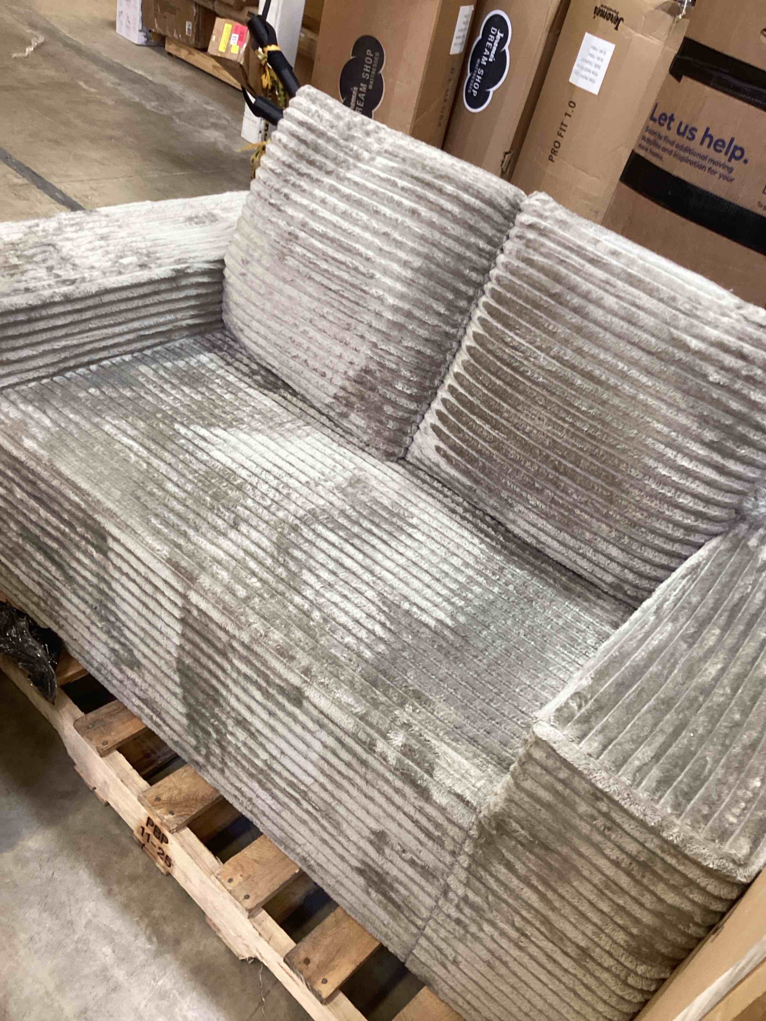 Condition photo showing Good Condition for 63" boneless couch loveseat sofa, comfy deep seat cloud couch, no assembly required floor sofa for living room, apartment, small spaces, corduroy,grey by mercer41 size: 23.24" h x 63.