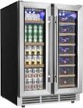 euhomy wine and beverage refrigerator, 24 inch dual zone wine cooler with glass door hold 21 bottles and 88 cans, built in or under counter wine fridge with blue led light