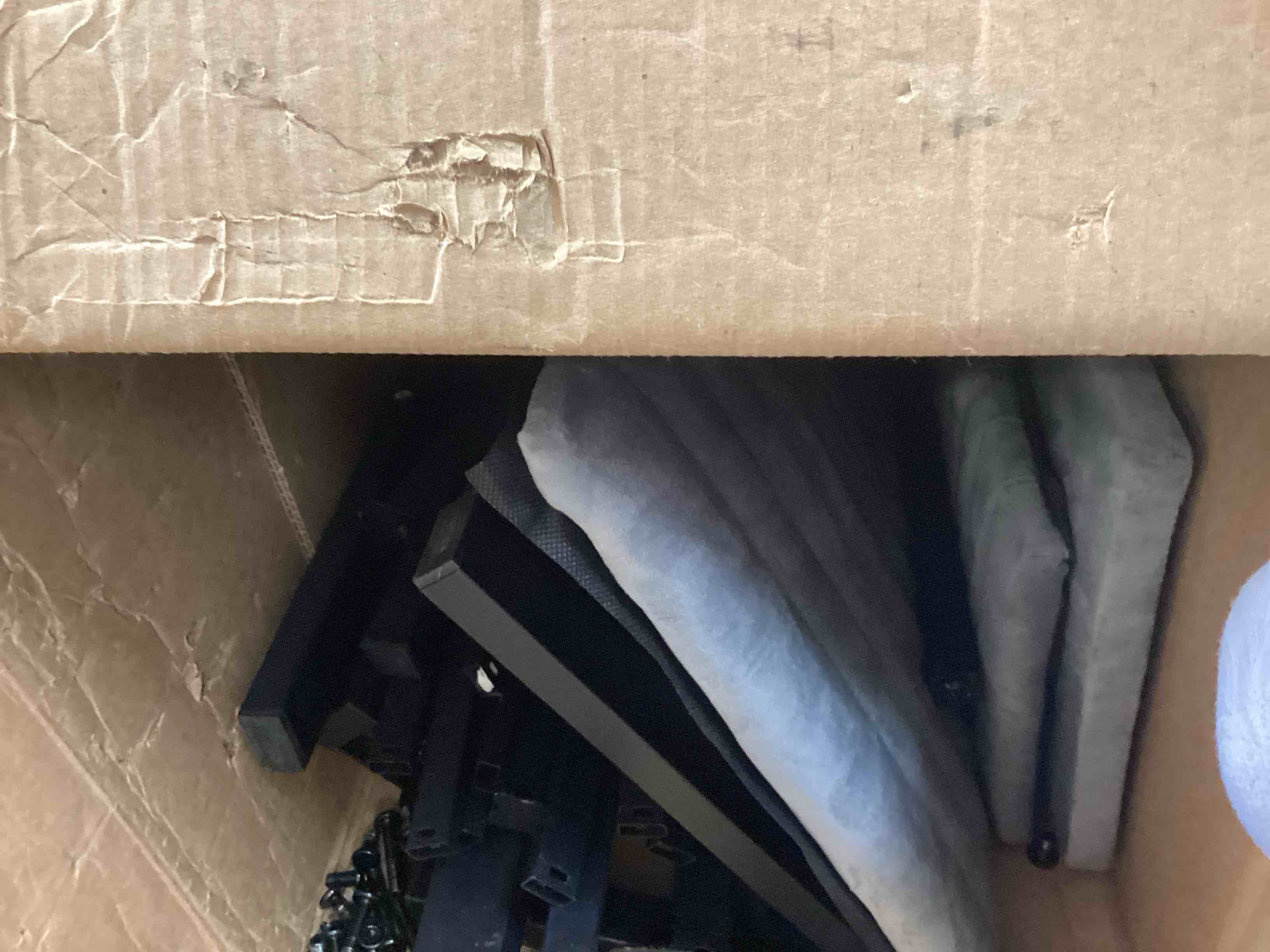 Condition photo showing As Is for luxoak full bed frame with led light and charging station, velvet upholstered headboard with storage shelf, heavy duty metal slats/no box spring needed/easy assembly, grey (similar style) 