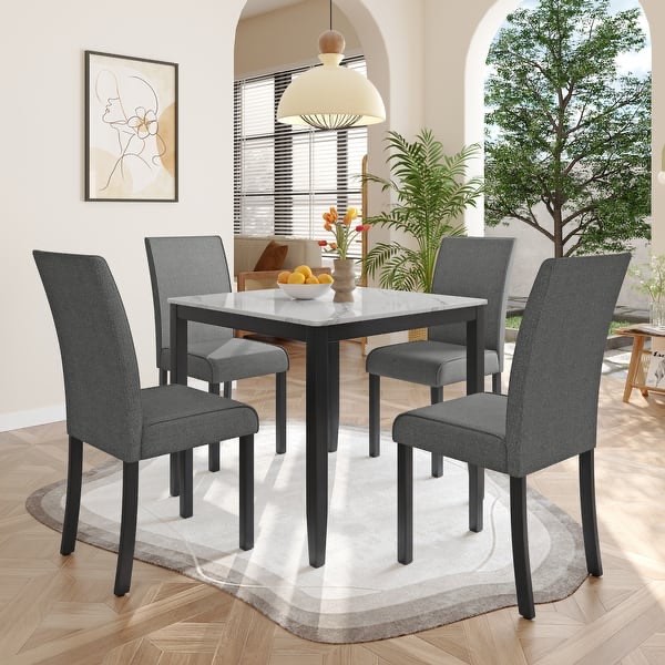 Corvus Fowey 5-piece Dining Set, Marble Sticker MDF Table and 4 Upholstered Chairs (pickup 2 boxes) 