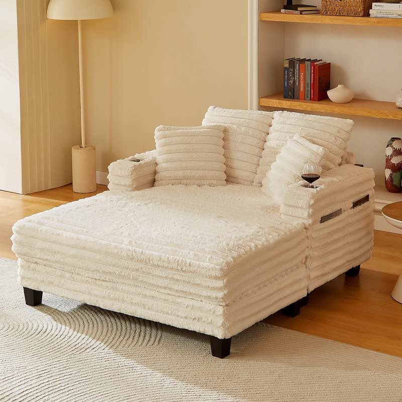 Chaise Lounge Chair Indoor, 64" Oversized Sleeper Chair With Wood Frame, Upholstered Sofa Bed For Living Room, Movie Room, Bedroom With 4 Storage Pockets& 2 Cup Holders(Plush Corduroy, Beige) By Ebern Designs (pickup 2 boxes ) 