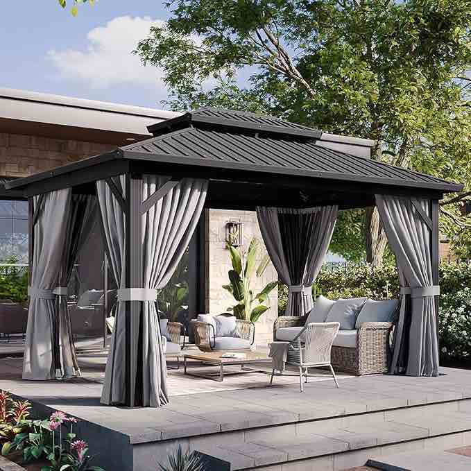 aoxun 10' x 12' hardtop gazebo, aluminum metal outdoor gazebo with galvanized steel double roof, permanent patio pavilion with breathable netting and curtains for dining, wedding, party 2-boxes