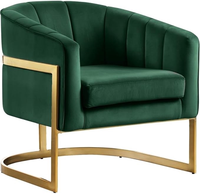 Meridian Furniture Carter Collection Modern | Contemporary Upholstered Velvet Barrel Accent Chair with Gold Stainless Base, Green set of 2