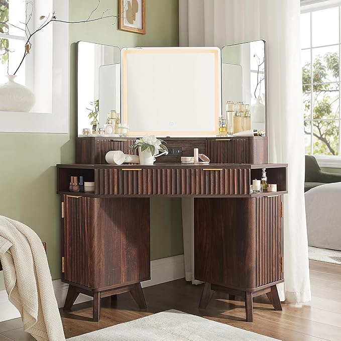 T4TREAM Fluted Makeup Vanity Desk with 3 Way Mirror and Lights, 48" Large Corner Vanity Table with Glass Top, Charging Station, 3 Drawers, Storage Cabinets & Shelves, for Bedroom, Dark Walnut (incomplete one box only)