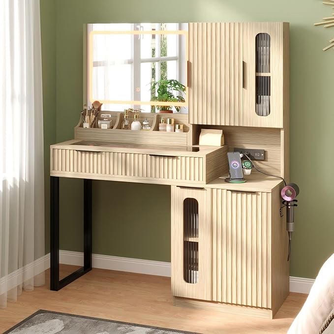 EROMMY 46.5" Makeup Vanity Desk with LED Lights and Large Mirror, Fluted Vanity Desk with 2 Drawers & 4 Storage Cabinets, Dressing Table with Glass Top and Charging Station for Bedroom Gift (Natural)