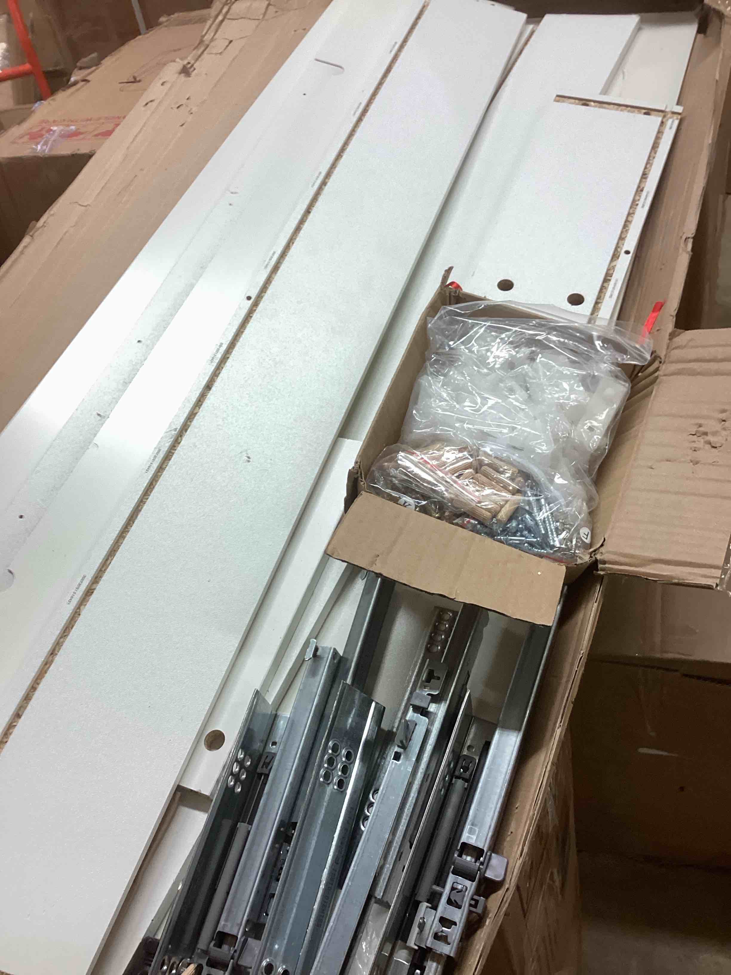 Condition photo showing As Is for 9 white drawer dressers, modern large dresser for bedroom organize, wooden long dresser with 9 handle free drawers, storage chest of drawers for living room office, ball bearing slide (incomplete one box only)