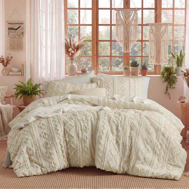 3pcs tufted boho farmhouse shabby chic embroidery beige full size comforter set - bedsure