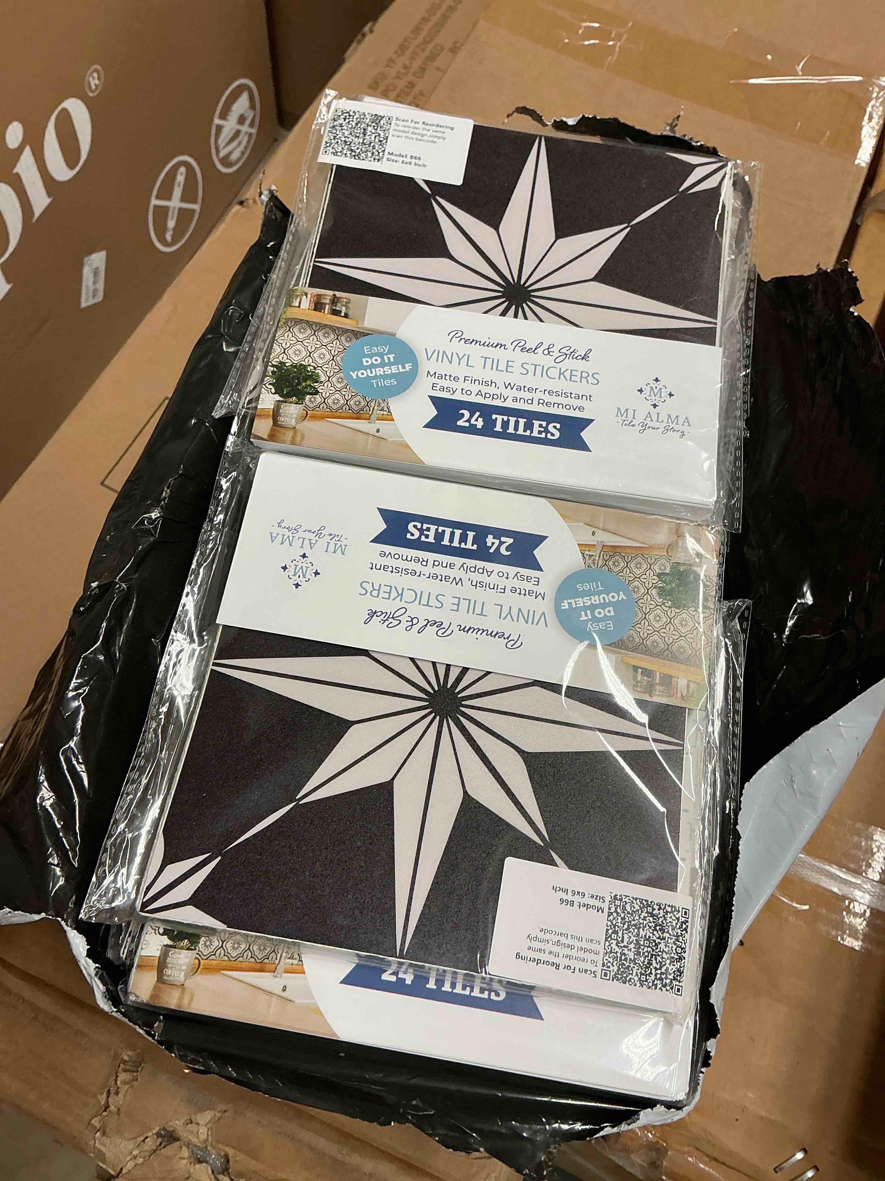 Condition photo showing New/Like New for 24 pack, 6”x6” inch star compass peel & stick tile stickers black-white waterproof removable vinyl backsplash decals for kitchen, bathroom, laundry, rv & stair risers (black)