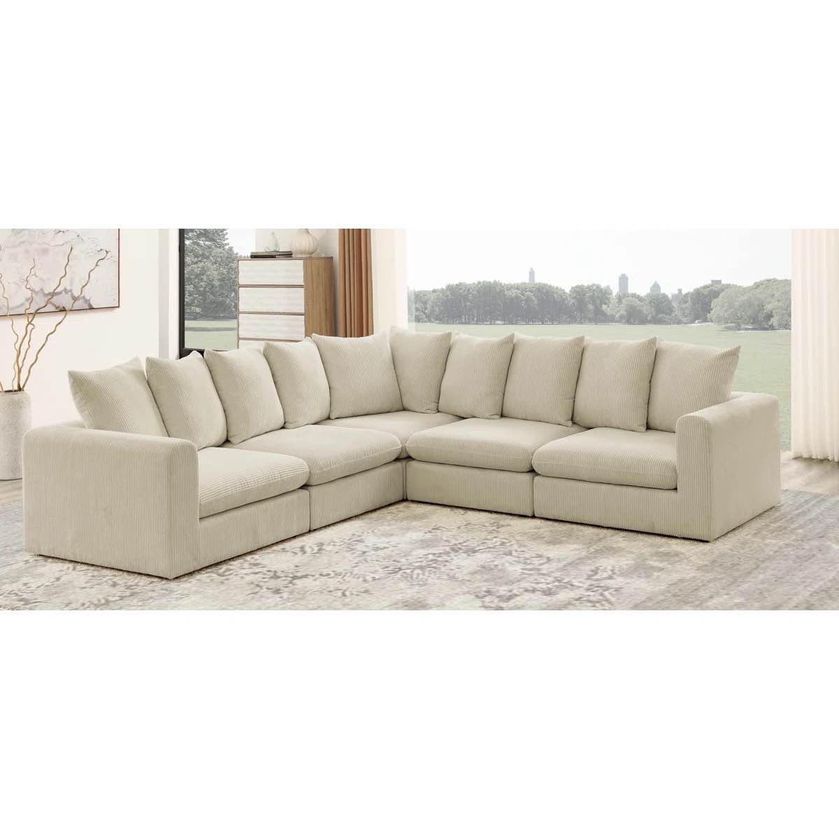 bekir corduroy l-shaped sectional reversible cream corduroy (incomplete only armless chairs)