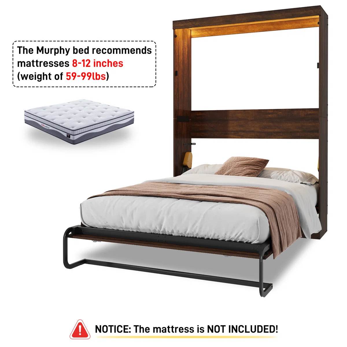 murphy wall bed with led lights, no box spring needed, for home office(incomplete box 2/2)