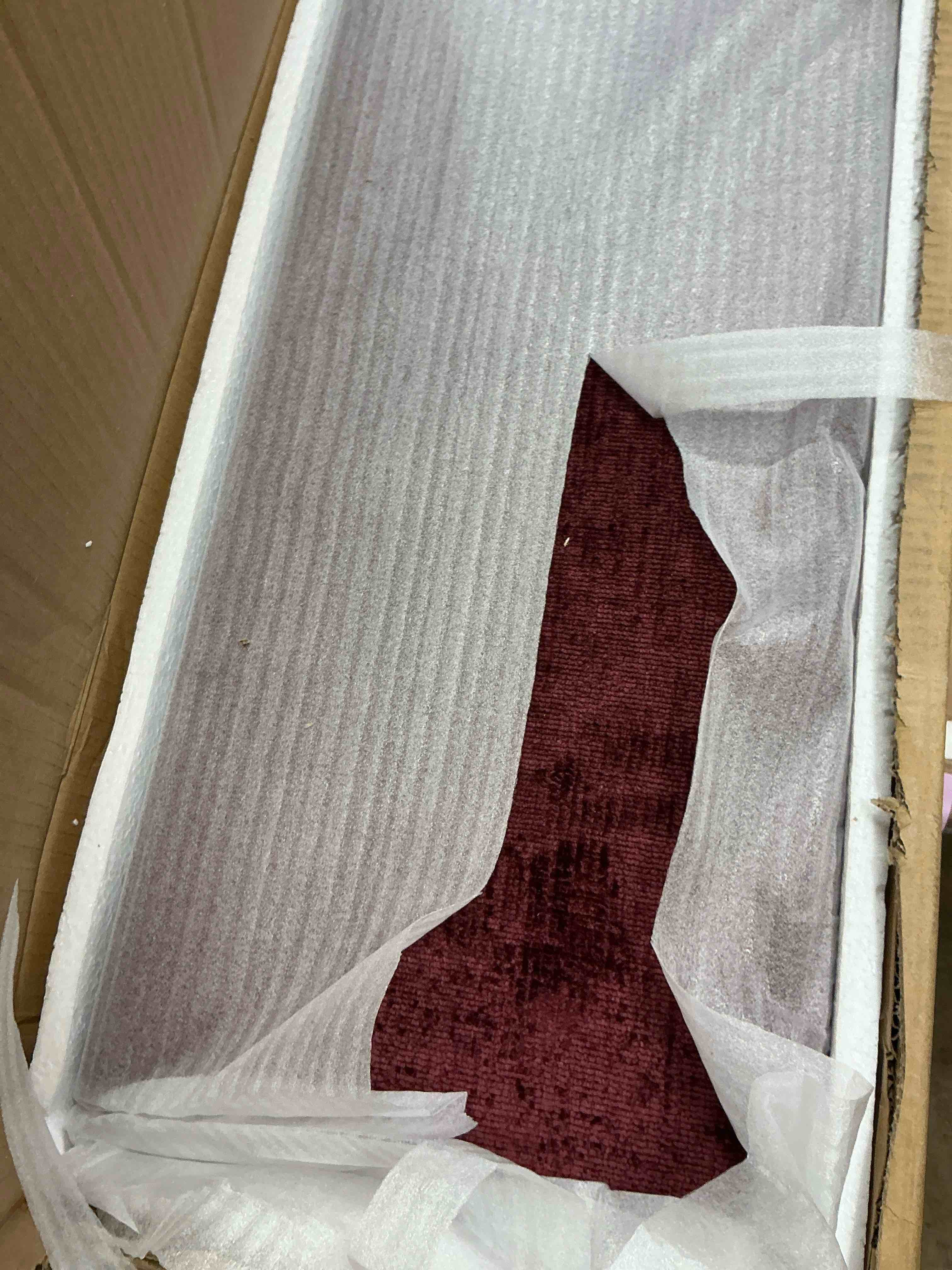 Condition photo showing New/Like New for omax decor chloe upholstered platform king bed in burgundy fabric(incomplete box 2/3)