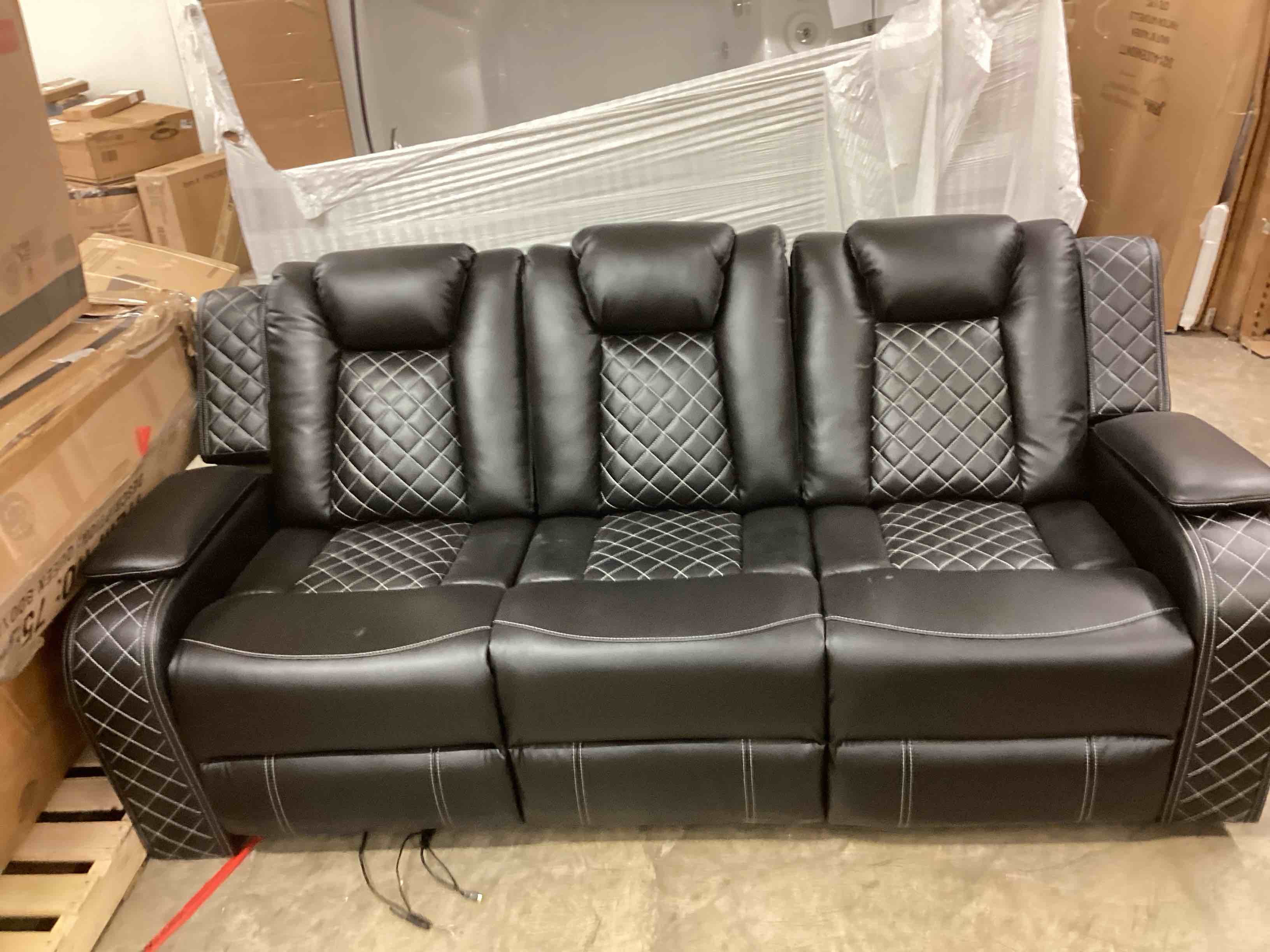 Condition photo showing Good Condition for 84.25 in. theater style 2-piece faux leather reclining adjustable headrest sectional sofa in black sofa and chair