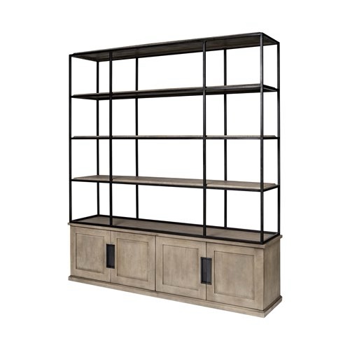 68202-ab - braxton i light brown wood and iron three shelf shelving unit 81.5l x 18.5w x 90 (incomplete only box b )