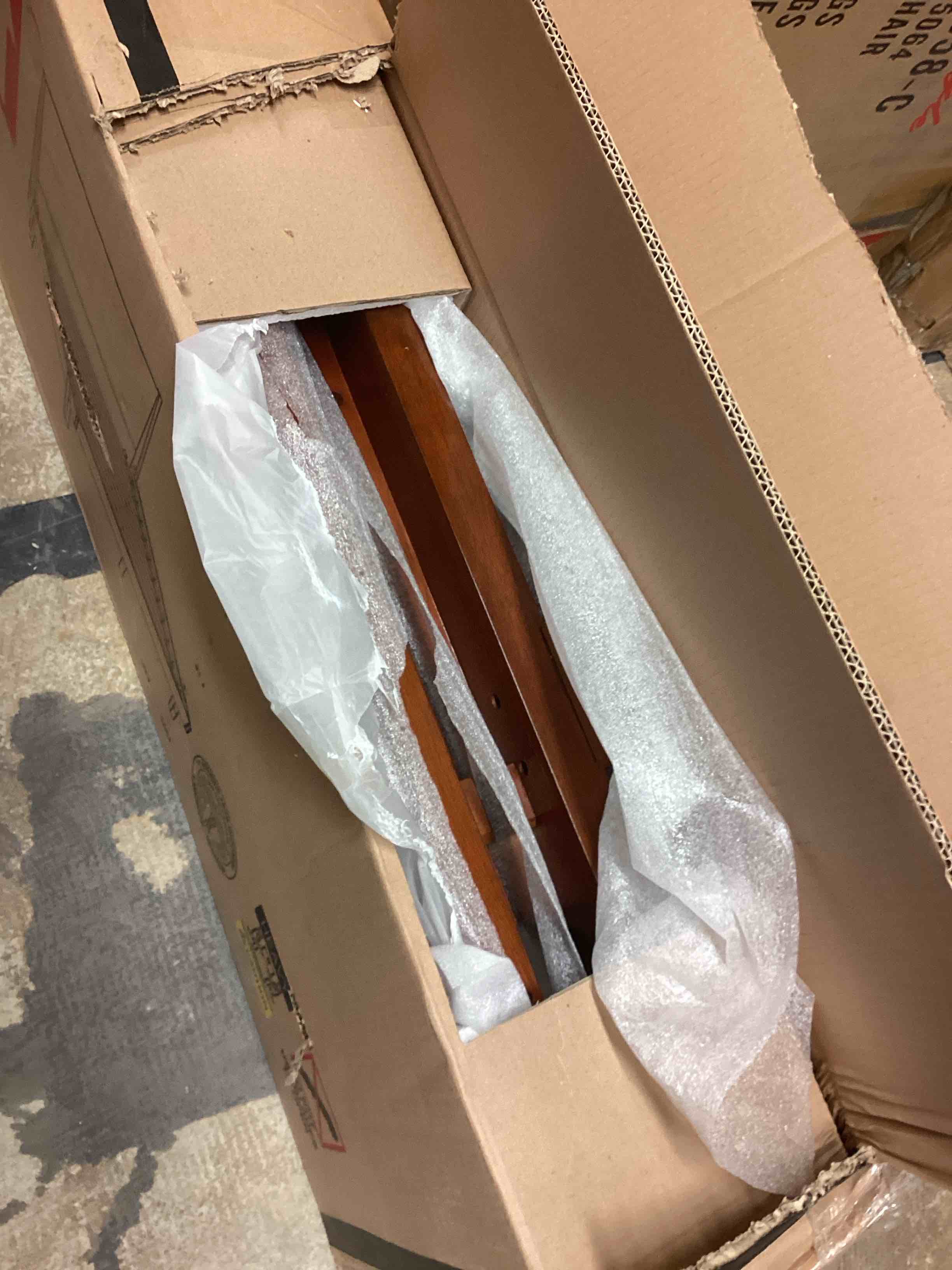 Condition photo showing As Is for alpine furniture dakota queen wood platform bed in acorn (brown) 1974-01q