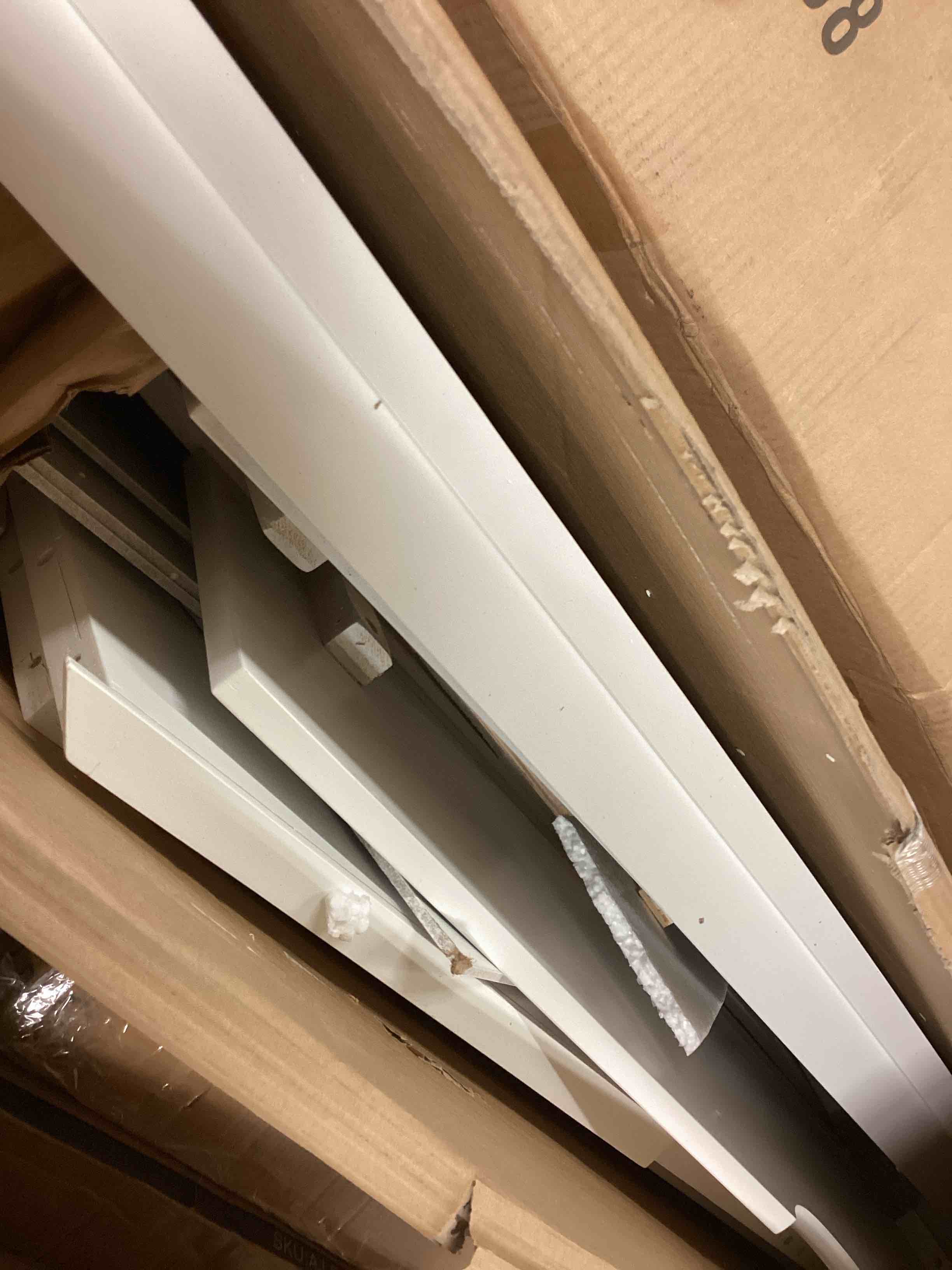 Condition photo showing As Is for liam white wood frame full platform bed frame upholstered headboard, 16-wooden slats for bedroom