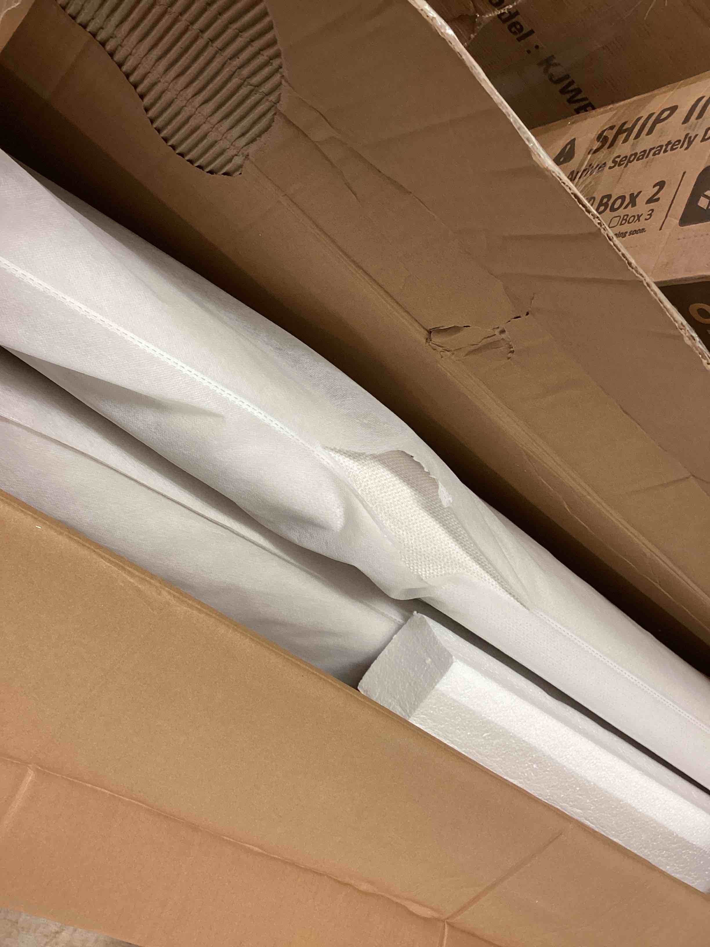 Condition photo showing As Is for king linen upholstered side-tilt lift up storage bed frame with button-tufted foam headboard and metal frame, white  and box a only 