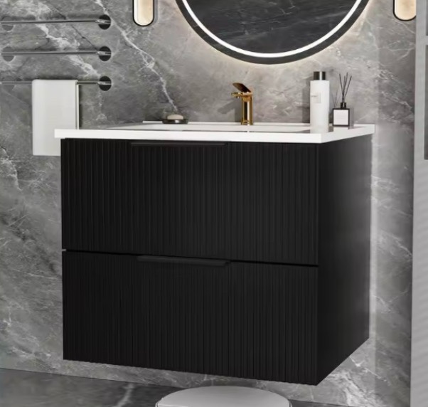 24 inch bathroom vanity cabinet with ceramic sink - wall mounted floating fluted vanity with drawers