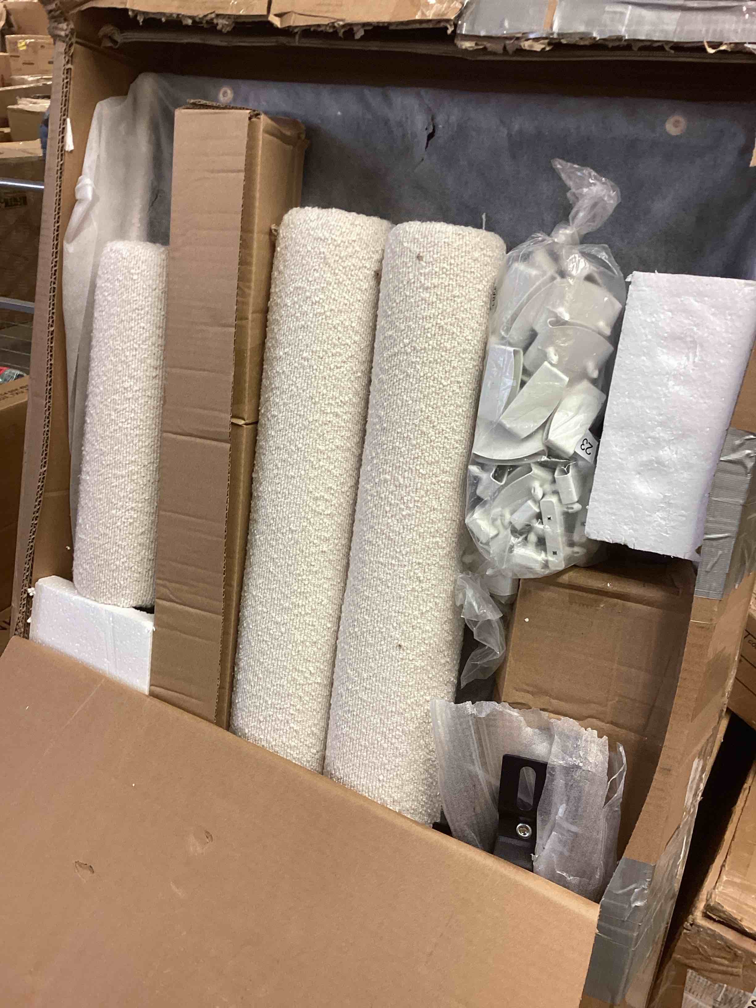 Condition photo showing As Is for braya luxury boucle hydraulic lift up storage upholstered platform bed with rounded bolster design,white,queen (box 1 of 2 only) 