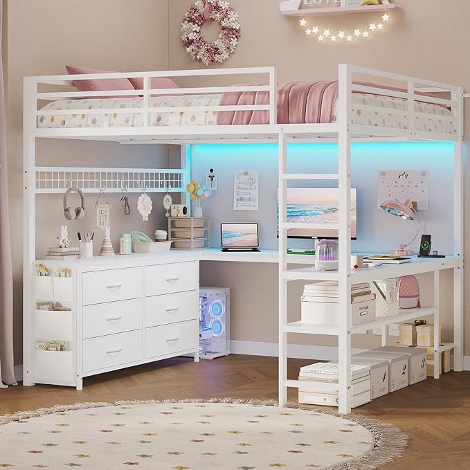 adorneve loft bed full size with u-shaped desk, 6 storage drawers, power outlet, led metal loft bed with 2 storage shelves, bed with safety guardrail & ladders,space-saving,white(incomplete) 