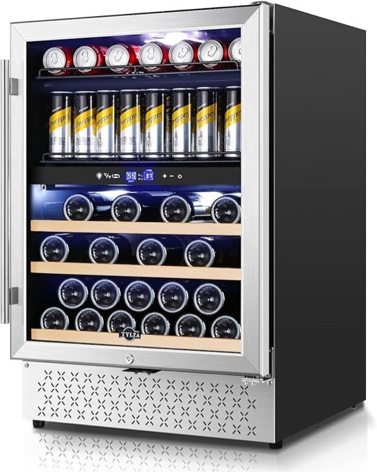 tylza wine and beverage refrigerator, 24 inch dual zone wine fridge built-in or freestanding, holds 100 cans and 30 bottles, under counter wine cellar with double-layer glass door, led light, lock