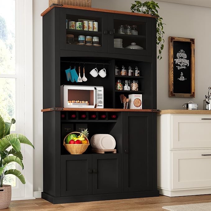 71" tall kitchen pantry storage cabinet with microwave stand and wine rack, farmhouse kitchen hutch with adjustable shelves and glass door, coffee bar hutch with charge station and countertop, black