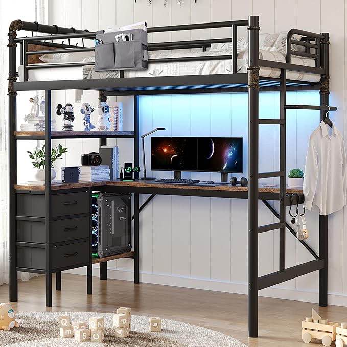 twin metal loft bed with l-shaped desk,meld lights, charging station (incomplete one box only)