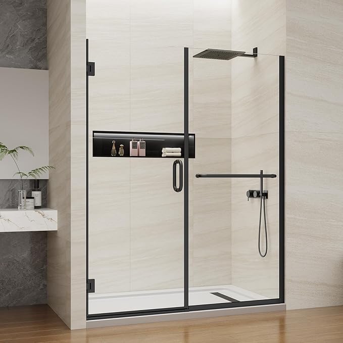 Pivot Swing Shower Door, Adjustable Width 59-60" W x 74" H Semi-Frameless Shower Glass Door with 5/16 in (8mm) Clear SGCC Tempered Glass with Nano Easy-Clean Coating (Matte Black with Towel Bar) (incomplete glass only)