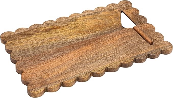 Creative Co-Op Mango Wood Scalloped Cheese Board with Inlaid Knife, Natural