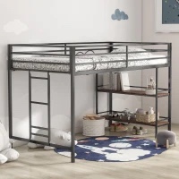Junior Twin Loft Metal Bunk Bed Frame with Cinnamon Wood Shelf, Full-Length Guardrails, Anti-Noise Design, Easy Assembly, 76.69? L x 40.94? W x 49.49? H, Black