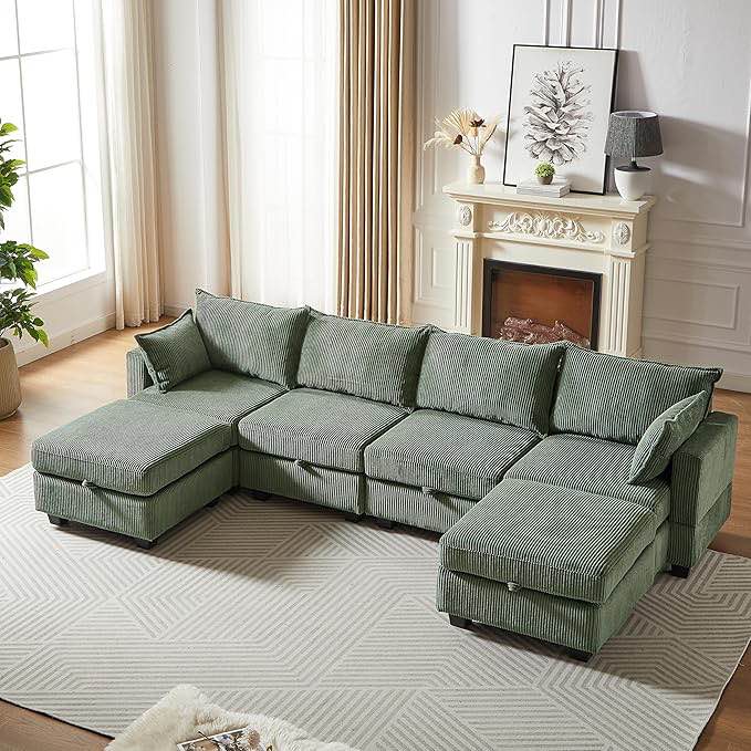 Modular Sectiona Sofa, 113.5" Convertible Corduroy Couch 6 Seats U Shaped Sofa with Storage Ottoman for Living Room, Green (incomplete ottomanes only) 2-boxes