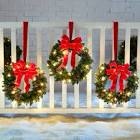 Festive Lighted Holly Hanging Wreaths - Set of 3