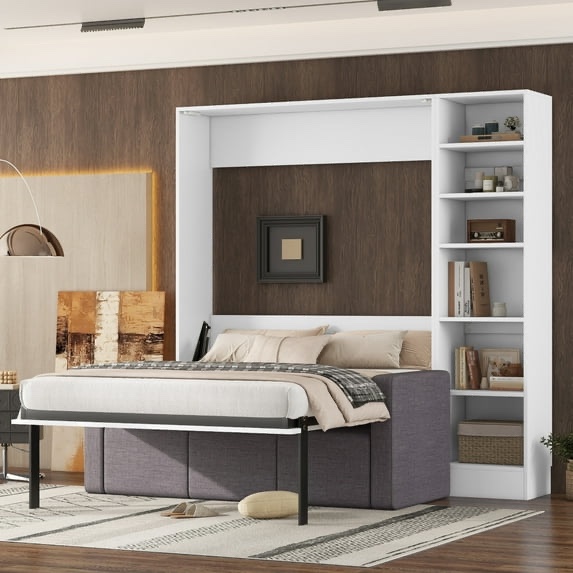 Full Size Versatile Murphy Bed with Upholstered Sofa and Storage Shelves, Modern Platform Bed Frame with Wood Slats Support, Space Saving, White (INCOMPLETE ONLY BOX #6 of 6) 