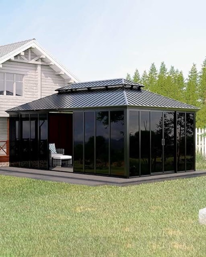 12x20 ft Hardtop Gazebo Sunroom, All-Season Outdoor Room with Aluminum Frame, Enclosed Patio Solarium with Polycarbonate Sliding Doors & Double Roof for Backyard, Deck, and Hot Tub Enclosure (INCOMPLETE PICKUP 4 Boxes of 8 ) 