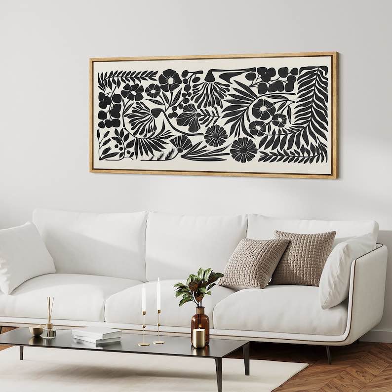 arge Wall Art, Horizontal Wall Art, Black and White Botanical Flower Print, Abstract Framed Canvas Art, Digital Printed, Boho Wall Decor