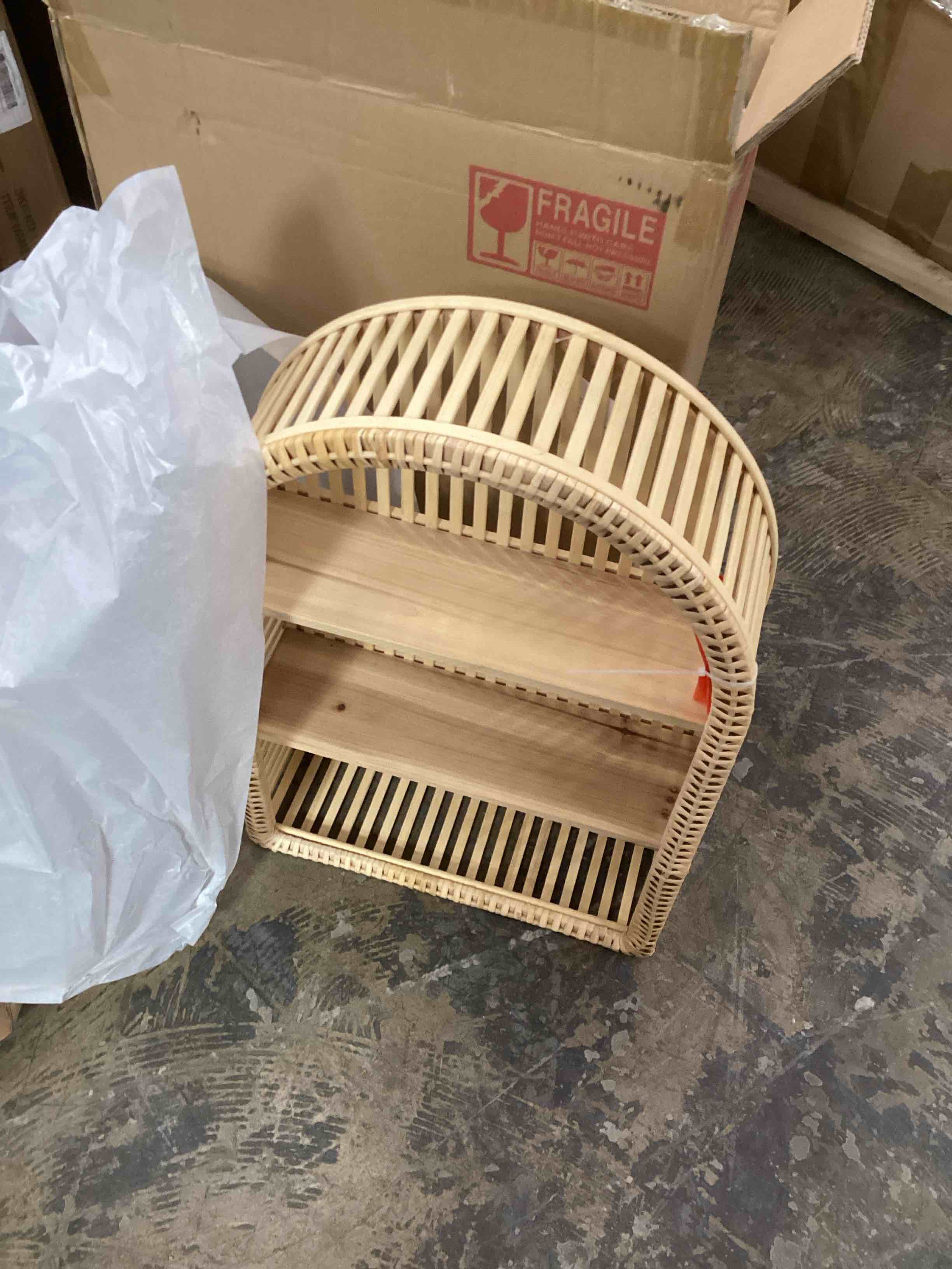 Condition photo showing New/Like New for rattan wall shelf - 3 tier boho arch hanging shelves handcraft floating shelf for bathroom living room wall decor, 15.75" x 23.62"