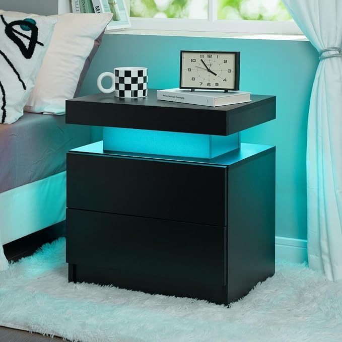 i-aplus Black Night Stand LED Nightstand with 2 Drawers Modern Bedside Tables for Bedroom, Living Room