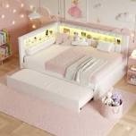 upholstered full size platform bed with usb ports and led bed, with trundle, white (incomplete one box of two only)