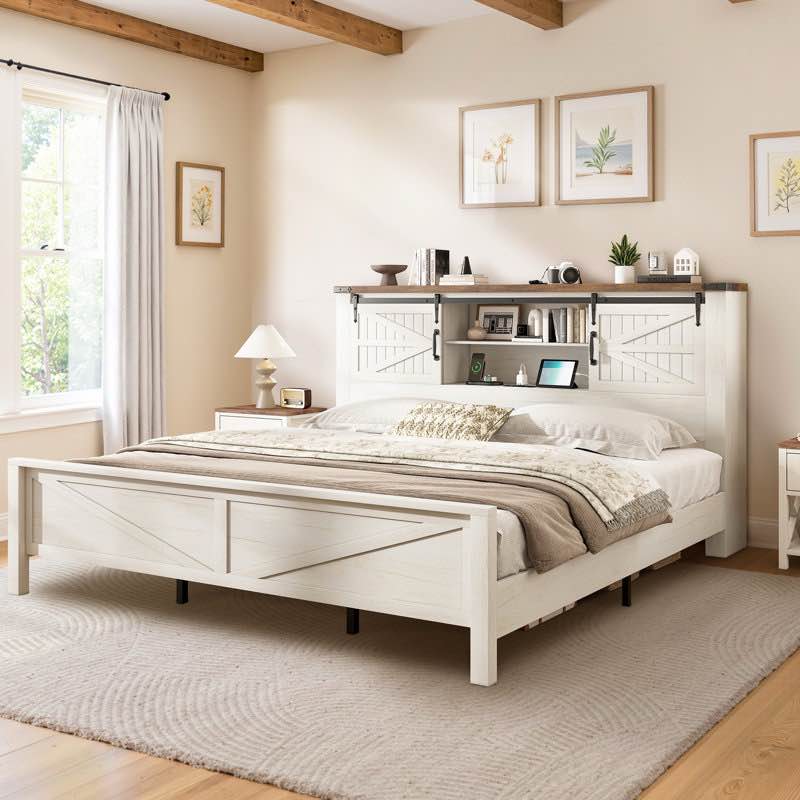 oceant sherell farmhouse bed frame storage bookcase headboard (incomplete one box of two only)