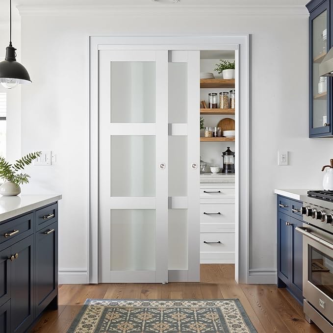 Sliding Closet Door for 48" x 80" Opening with Hardware Kit Set, Preassembled 3-Lite Frosted Glass MDF Barn Doors, White (incomplete one box of two only)