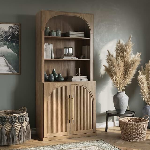 BELLEZE 72" Tall Storage Cabinet with Hutch, Modern Wood Sideboard with Arched Doors and 3-Tier Shelves, Display Curio Cabinet for Kitchen, Dining Room, Living Room, or Office, Camel -2-boxes