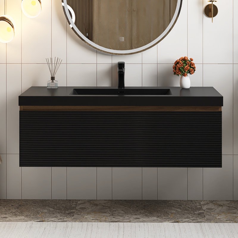 48 In. W Single Sink Wall-Mounted Bath Vanity In Nature Oak With Matte Black Resin Top  (does not included sink) 