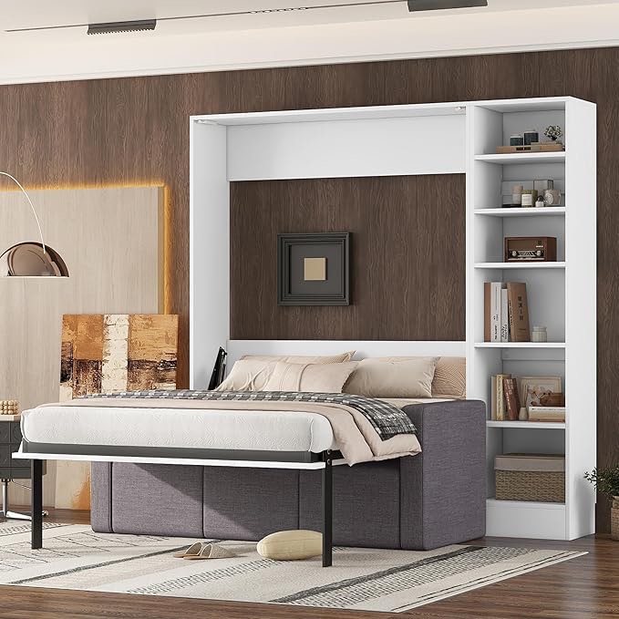 Murphy Bed with Sofa,Wall Bed with Storage Shelves for Bedroom,No Box Spring Needed (White, Full) (Box 5 of 6 only)