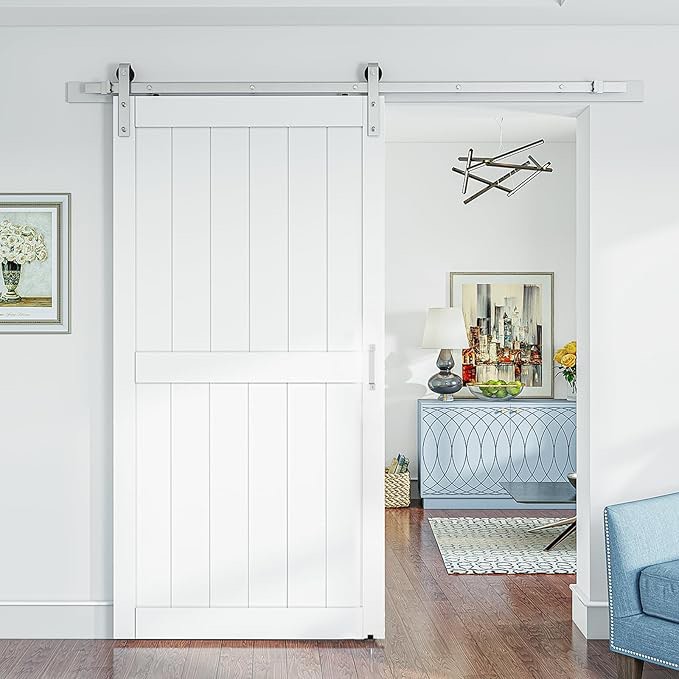 smartstandard 40 x 84 inch white sliding mdf barn door with 7ft brushed nickel sliding door hardware kit & handle, pre-drilled ready to assemble, waterproof pvc coating, h-frame (only the edges of the door)