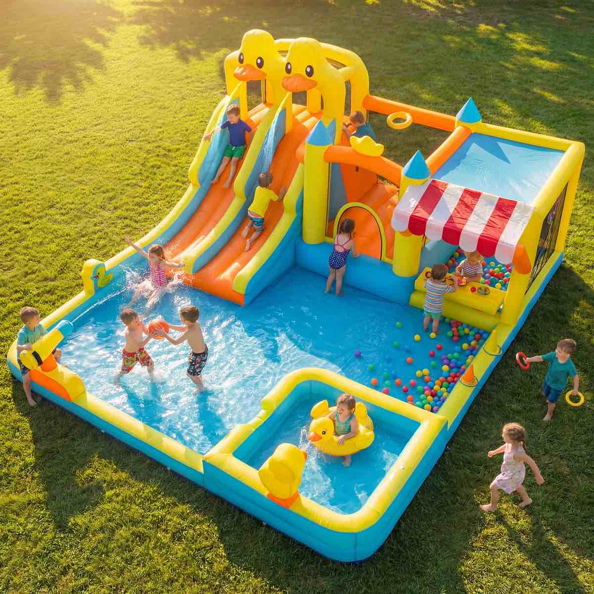 Large Inflatable Bounce House with Pretend Market Stand, Dual Slides & Water Pool (Similar) 