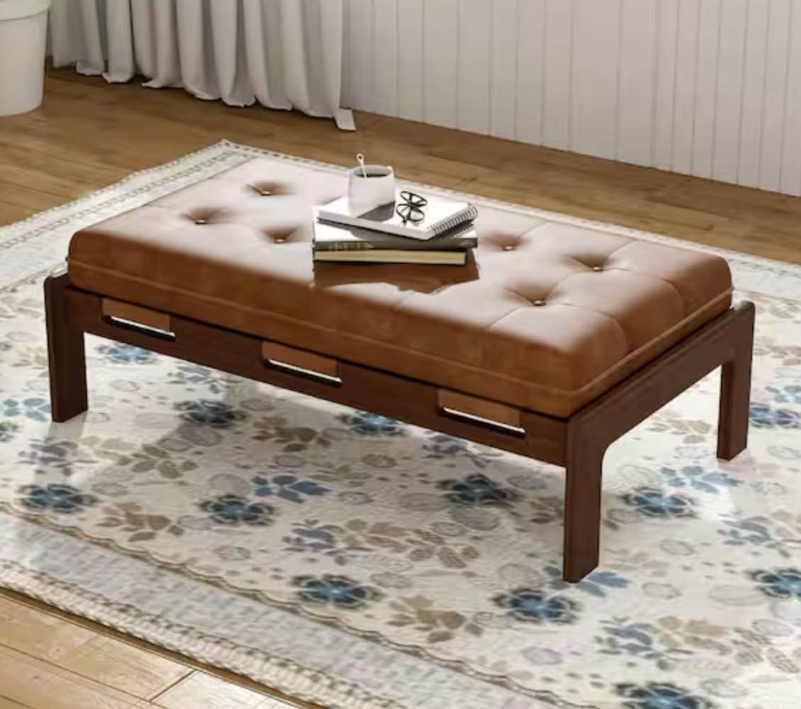 Arlo Upholstered PU Leather Rectangular Ottoman, Tufted, Rubberwood Base, Brown Plus Walnut