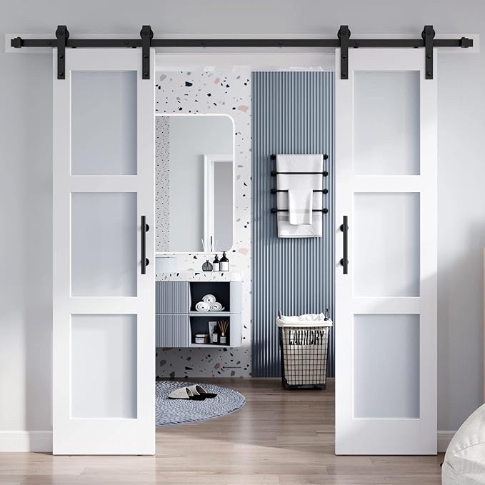 double glass barn door slab hardware kit included, 3 frosted glass, lvl wood panel covered with white water-proof scratch-proof pvc surface, simple diy assembly (similar)
