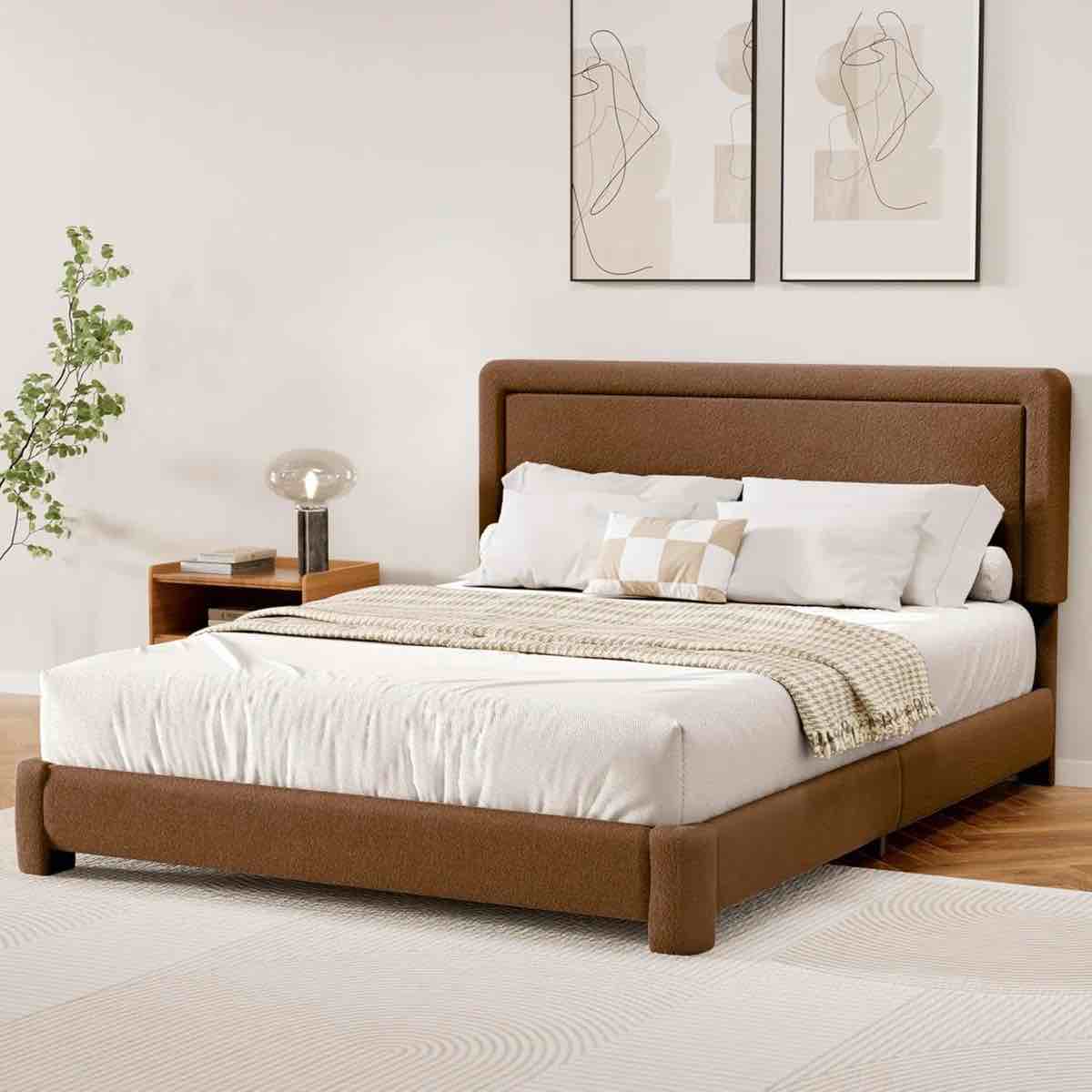 boucle bed frame, upholstered cloud bed frame, platform bed frame with headboard, modern cream bed frame (box a of b only)